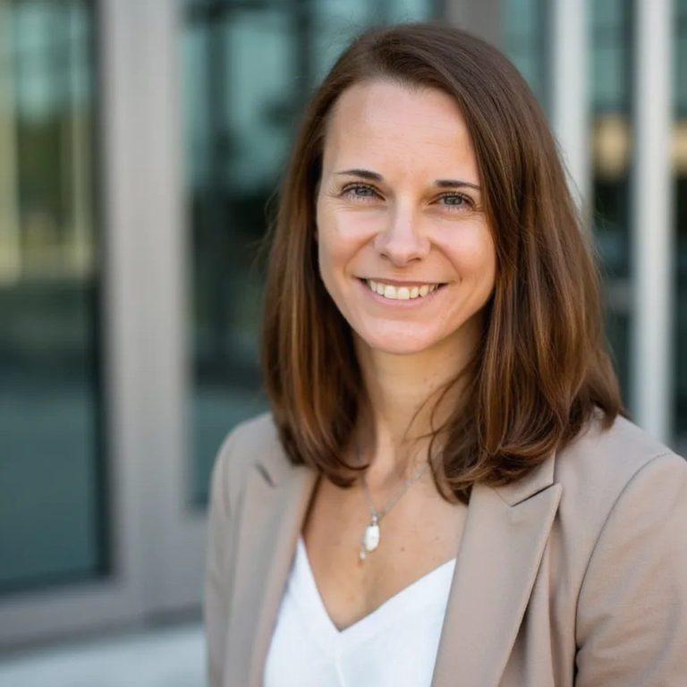 Mandy Mehring Junge Frau mit langen, braunen Haaren, lächelt in einer urbanen Umgebung.