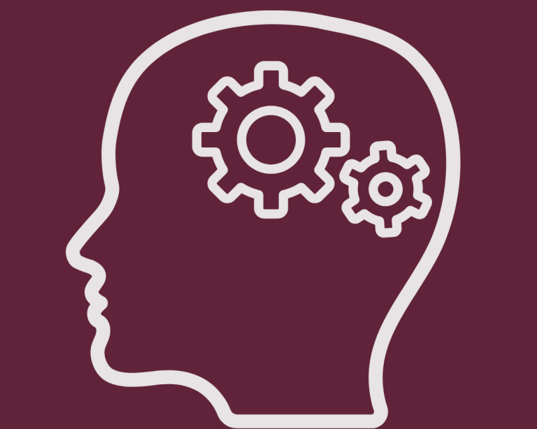 Profil eines Kopfes mit Zahnrädern, die Gedanken und Kreativität symbolisieren.